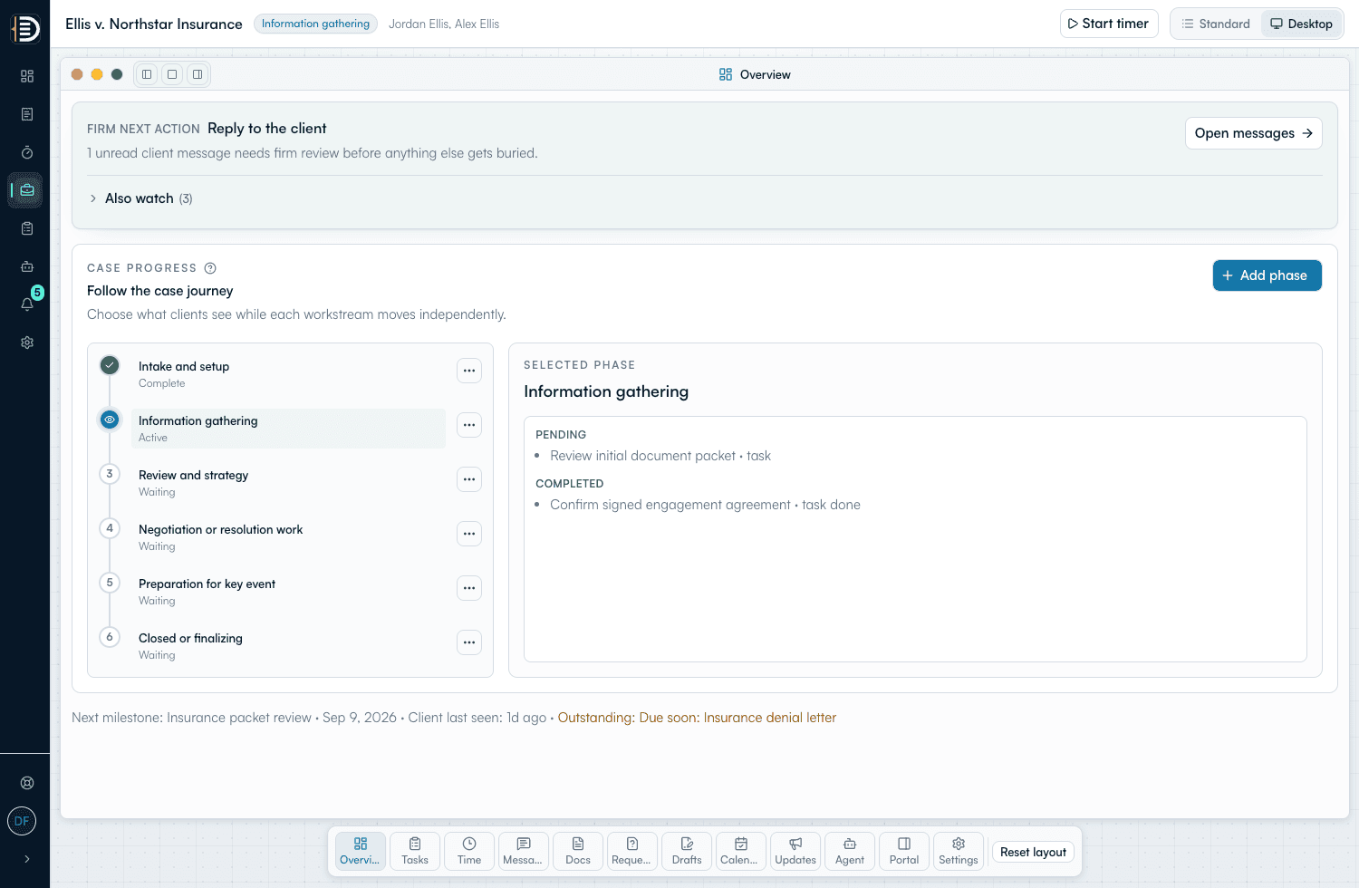 BetterDocket Case workspace showing the next firm action